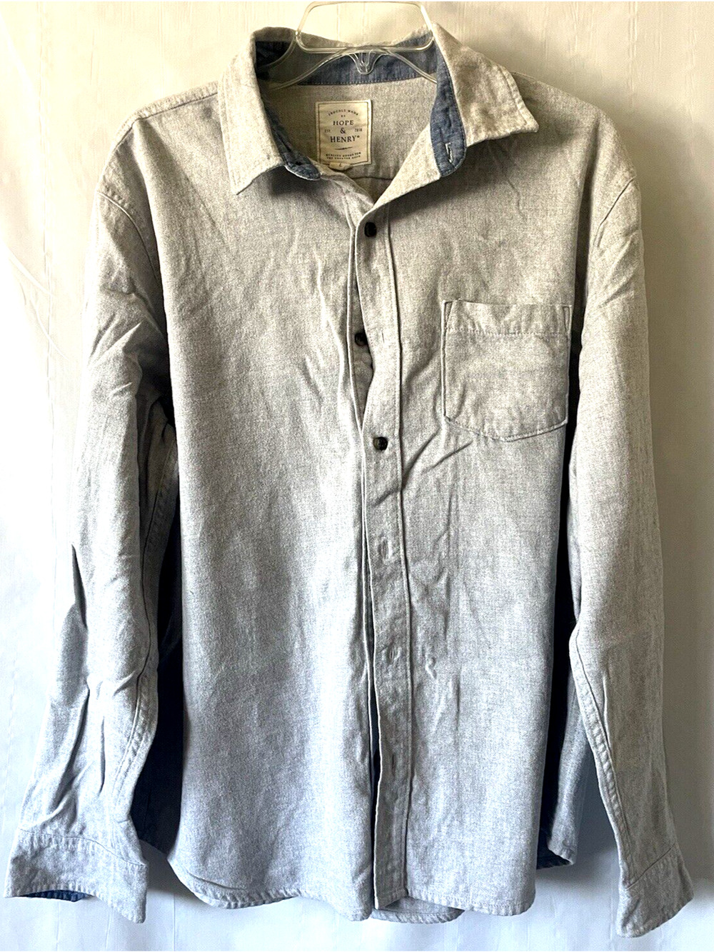 Hope & Henry Men’s Cotton Button Down Blue Elbow Patch Shirt Size L 100% Cotton